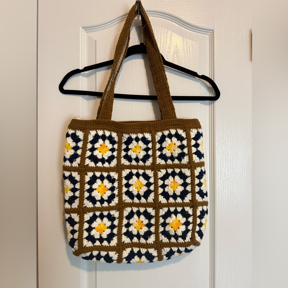 Handcrafted Crochet Floral Tote - Brown, White, Blue, and Yellow
